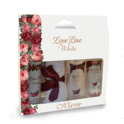 חלאבין לאב ליין WHITE מארז: קרם ידיים, קרם גוף, דאודורנט ספריי ומגבת